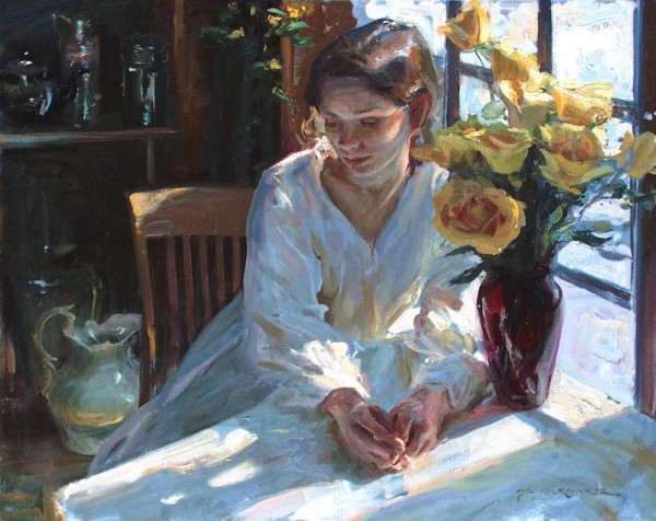 A woman in a white dress Print